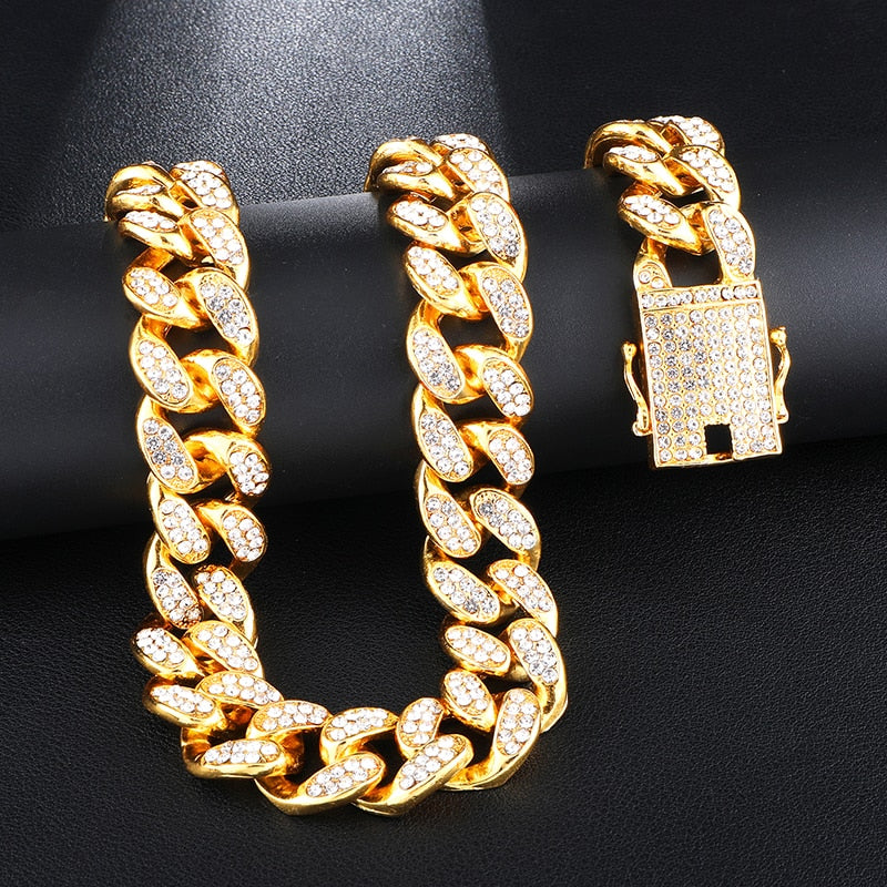 Hip Hop 1Set 20MM Full Iced Out Paved Rhinestones Miami Curb Cuban Chain CZ Bling Rapper Necklaces For Men Jewelry