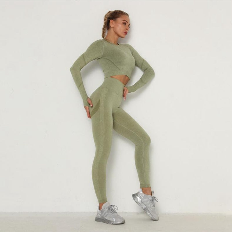 Women Seamless Yoga Set squat proof High Waist Gym Leggings Shirts Suit Long Sleeve tops Fitness Workout Sports Sets