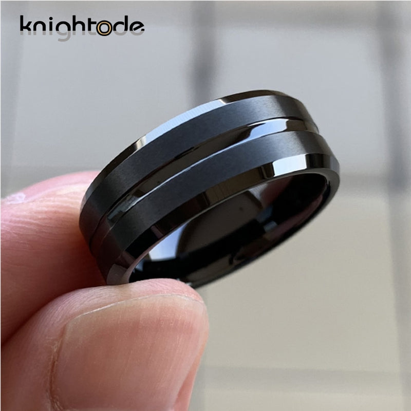 8mm/6mm Black Tungsten Carbide Rings For Trendy Party Men Women Wedding Band Grooved Center Beveled Edges Matte Comfort Fit