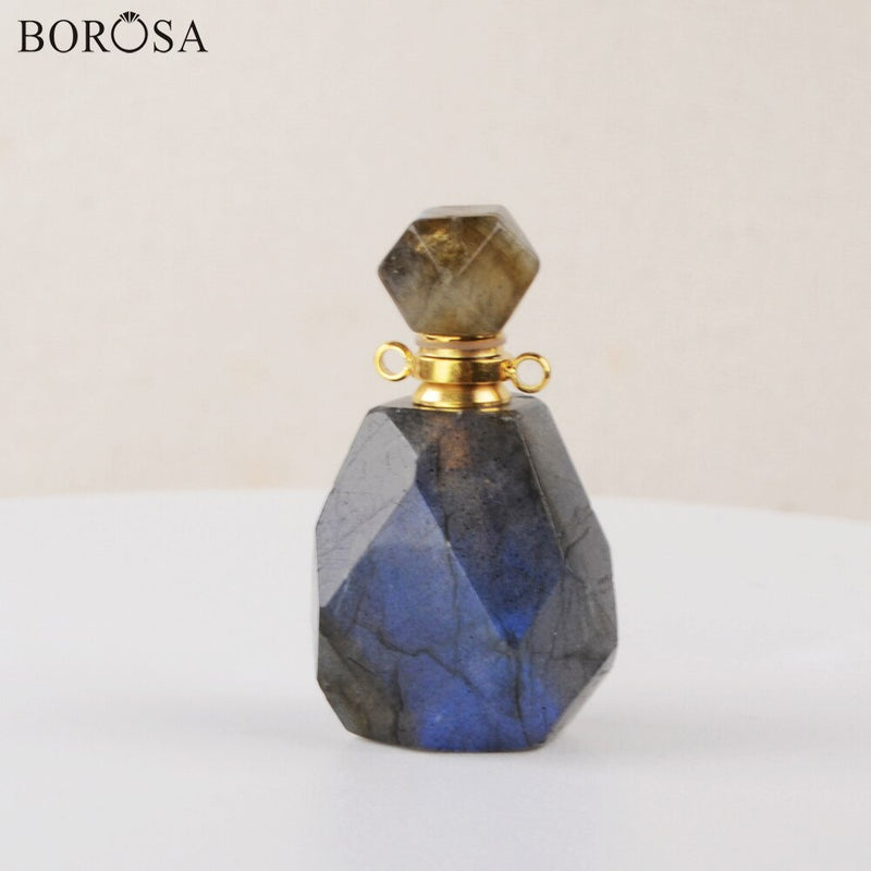 Faceted Natural Labradotite Perfume Bottle Pendant Connector Gold Plating Gems Stones Essential Oil Necklace for Women PB001-8