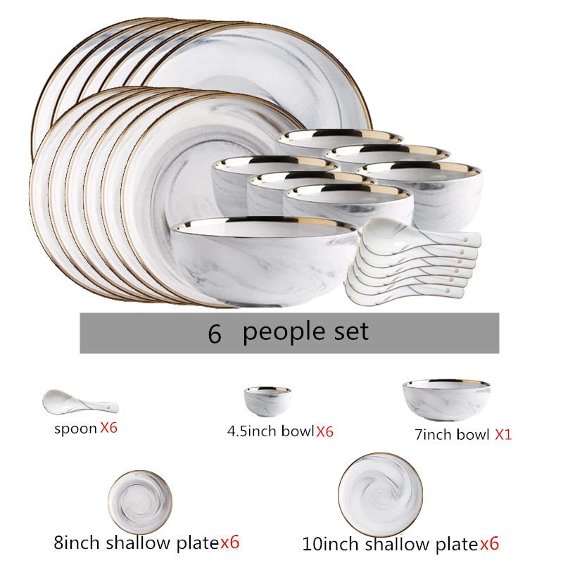 Gold Marble Ceramic Food Tray Kitchen Dinner Plates Dishes Rice Salad Noodles Soup Bowl Spoons Kitchen Cook Tool