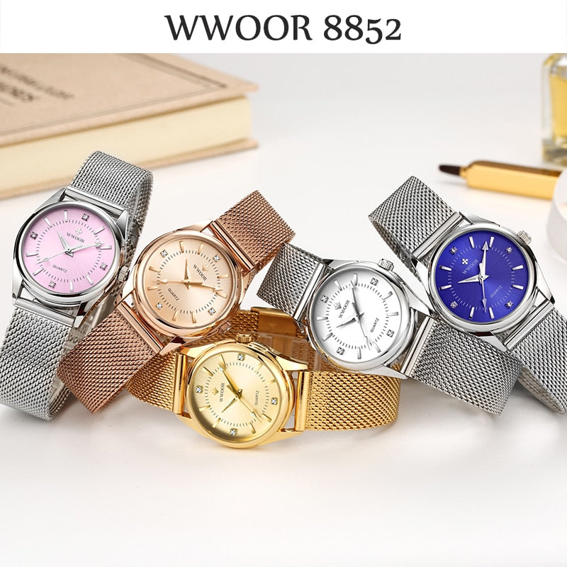 WWOOR Small Watch Women Luxury Brand Everyday Dress Bracelet Watches Silver Stainless Steel Diamond Wrist Watch For Women Clocks