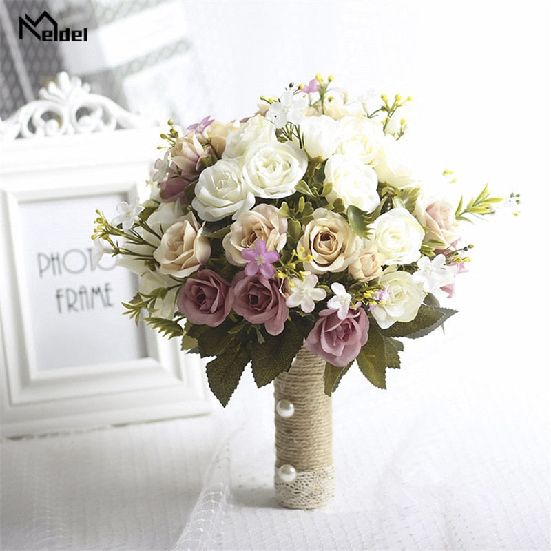 Meldel New Purple White Wedding Bouquet Handmade Artificial Flower Rose Buque Casamento Bridal Bouquet for Wedding Decorations