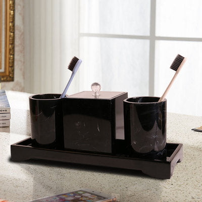 Black Marble Pattern Tray Resin Bathroom Set Toothbrush Holder Soap Dispenser Soap Dish Men&