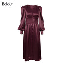 Bclout Elegant Satin Single-Breasted Shirt Dress Fashion Beige Slim V Neck Long Dresses Woman Latern Sleeve Autumn Winter Robe
