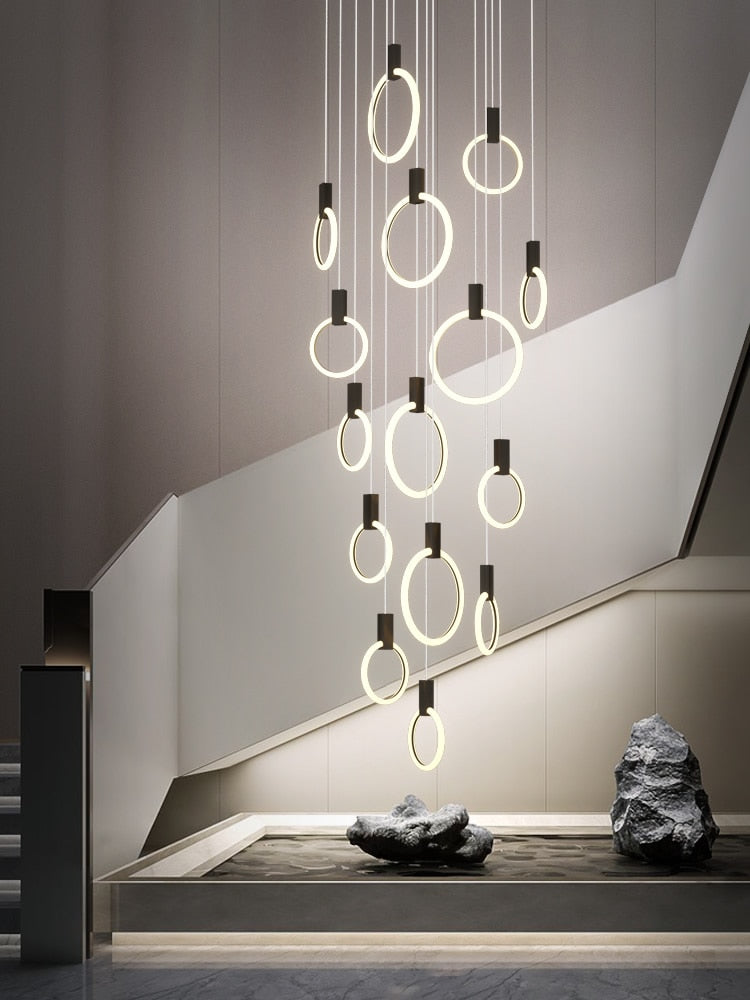 Modern LED Chandelier Black/Golden indoor Stairs Lighting Iron Acrylic Ring Restaurant Decor Lights Nordic Luxury hanging lamp