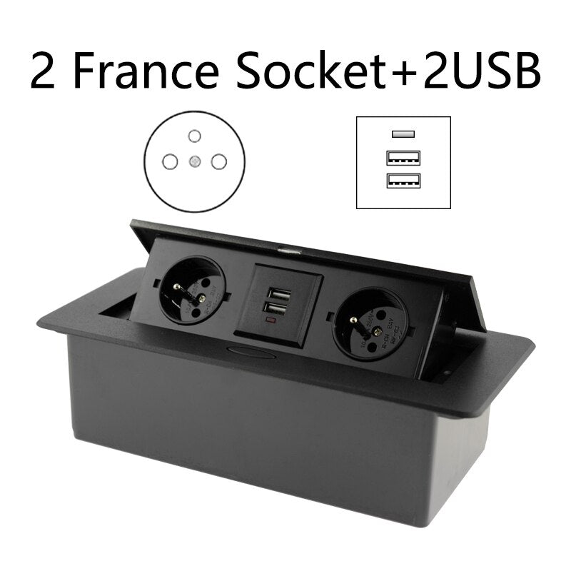 Desktop Socket Table Outlet 2 3 DE EU FR Socket With USB Charging Slow Pop Up Black Silver Aluminum Alloy Cover For Meeting Room