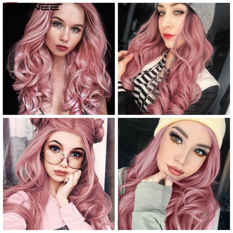 Wignee Pink Hair Synthetic Wig Long Wavy Wigs Heat Resistant For Women Daily/Party Natural Black to Brown/Purple/Ash Blonde Wig