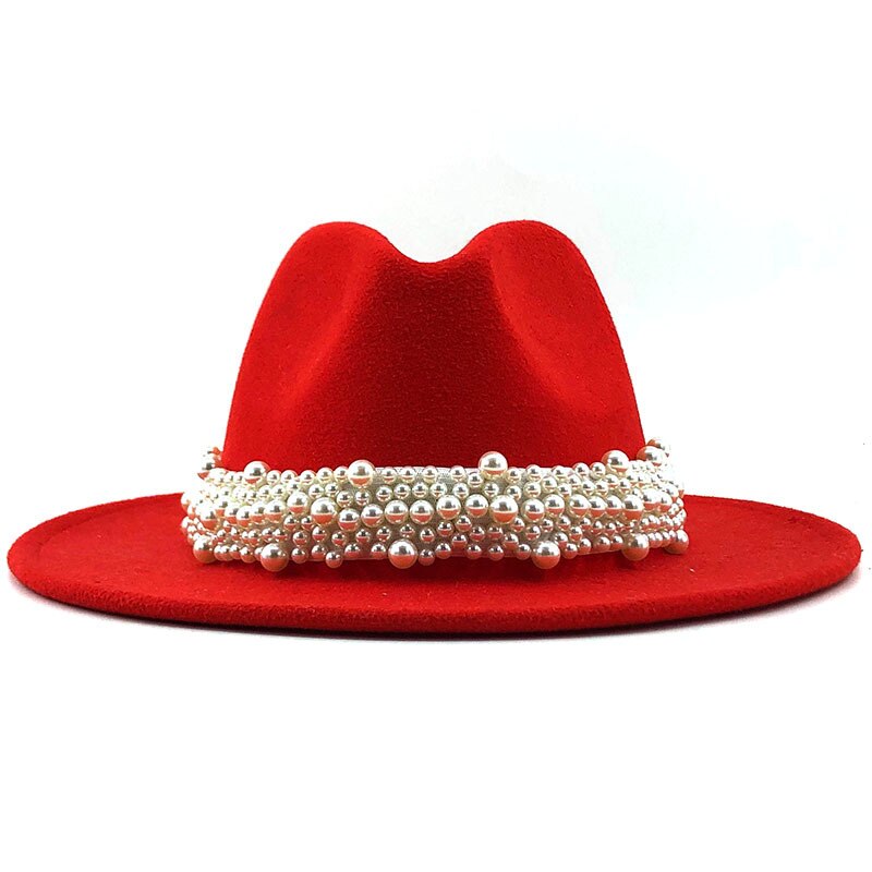 Sombreros de fieltro de lana Jazz para hombre y mujer, sombrero de fieltro con cinta de perlas de cuero, blanco, rosa, amarillo, sombrero de fiesta Formal Trilby de Panamá, 58-61CM