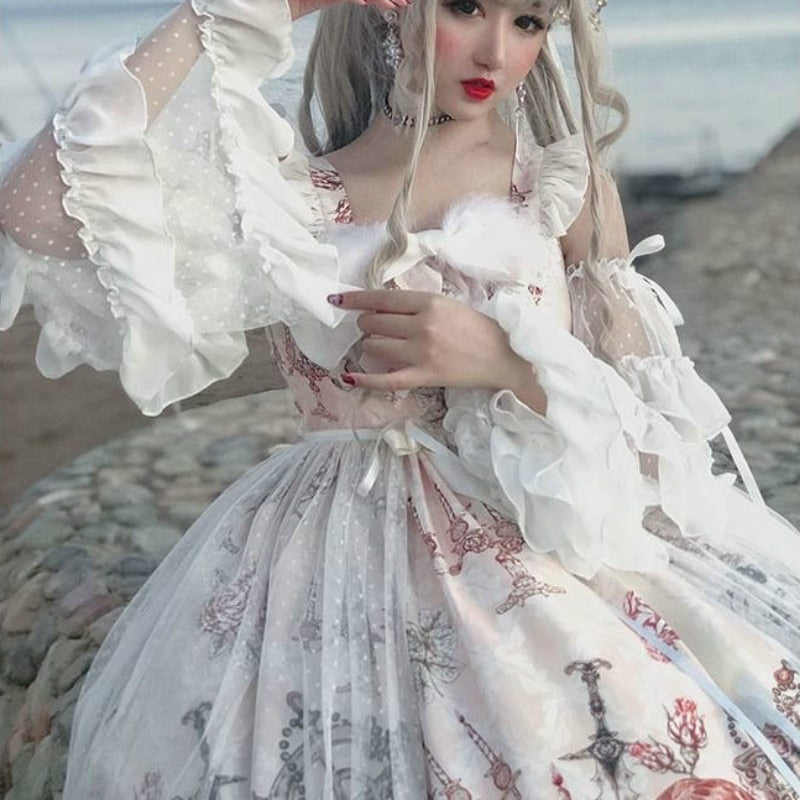 Japanisches Gothic Jsk Lolita Kleid Damen Vintage Viktorianisch Ärmellos Schleife Prinzessin Tea Party Kleider Mädchen Chic Print Lolita Kleid