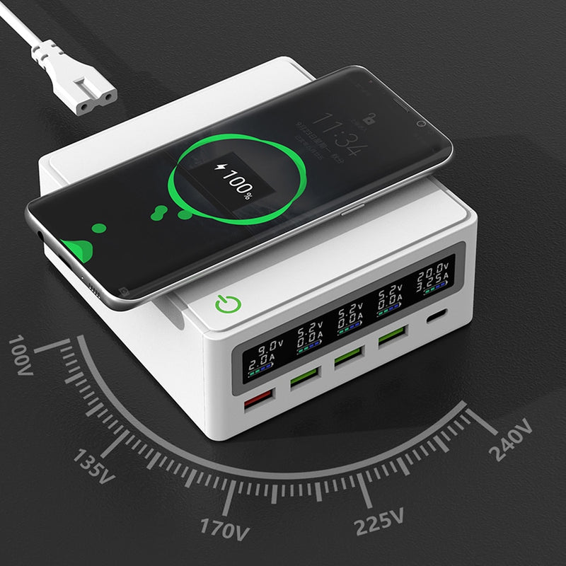 iLEPO 5 Ports QC3.0 USB Type C PD 65W Power Adapter LCD Qi Wireless Charger Cellphone Fast Charger Station For Laptop Tablet