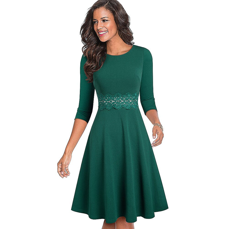 Nice-forever Autumn Retro Pure Color with Lace Dresses Party A-Line Women Flared Swing Dress A190