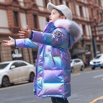 Chaqueta de invierno 2022 para niñas, abrigo impermeable brillante con capucha para niños, ropa de abrigo para niños de 5 a 14 años, Parka para niños adolescentes, traje de nieve