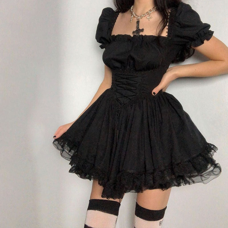 InsGoth Gothic Lolita Black Dress Goth Aesthetic Puff Sleeve High Waist Mini Dress Vintage Lace Trim Bandage Corset Party Dress