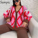 Sampic Loose Patchwork Knitwear Winter 2021 Women Cardigans Tops Oversized Long Sleeve Y2K V Neck Sweater Casual Fashion Tops