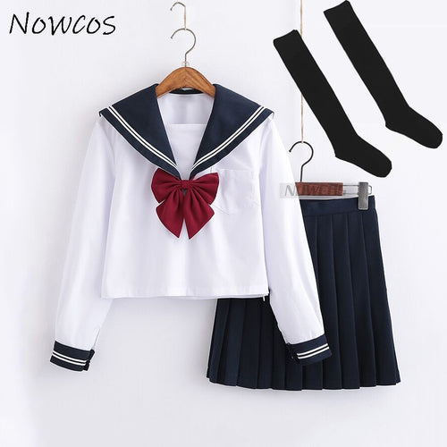 Süßer Matrosenanzug Langarm JK Schuluniform Sets für Mädchen Weißes Hemd und dunkelblauer Faltenrock passt Student Cosplay