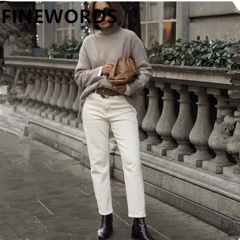 FINEWORDS Otoño Coreano Albaricoque Harem Boyfriend Jeans Mujer Beige Jeans Vintage Casual Pierna ancha Corte de bota Pantalones de mezclilla