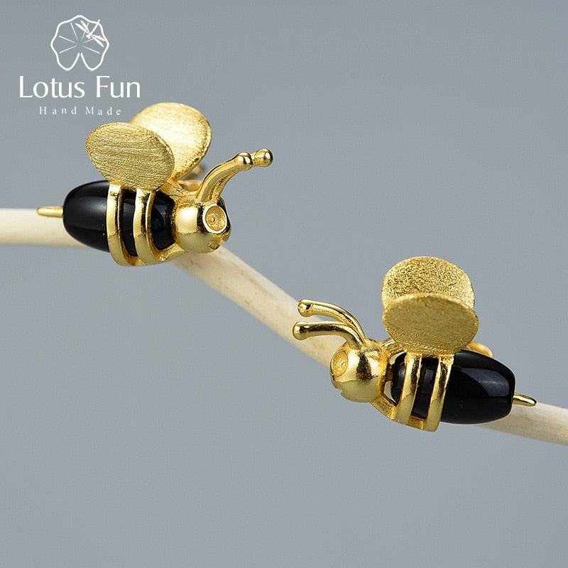 Lotus Fun 18K Gold Lovely Honey Bee Stud Earrings Real 925 Sterling Silver Handmade Design Fine Jewelry Earrings for Women Gift