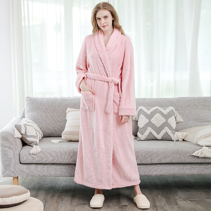 Men Winter Plus Size Long Coral Fleece Bathrobe Kimono Warm Flannel Bath Robe Men Cozy Robes Night Sleepwear Women Dressing Gown