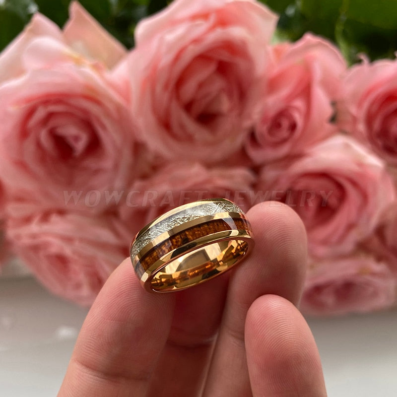 Rose Gold/Black 8mm Wedding Bands Tungsten Carbide Rings for Men Women Domed Koa Wood Meteorite Inlay Polished Shiny Comfort Fit