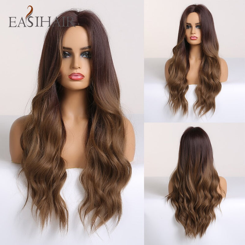 EASIHAIR Long Wavy Blonde Ombre Wigs High Density Synthetic Wigs for Women Cosplay Wigs Brown Heat Resistant Natural Hair Wig