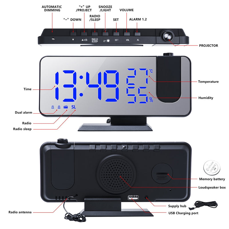 3 Color LED Digital Alarm Clock Radio Projection With Temperature And Humidity Mirror Clock Multifunctional Bedside Time Display