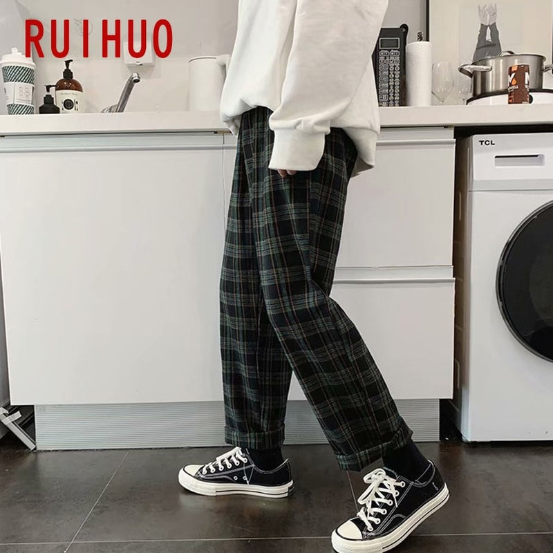 RUIHUO Plaid Harem Pants Men Trousers Joggers Casual Pants Men Sweatpants Ankle-Length Hip Hop Streetwear Cotton M-3XL 2022