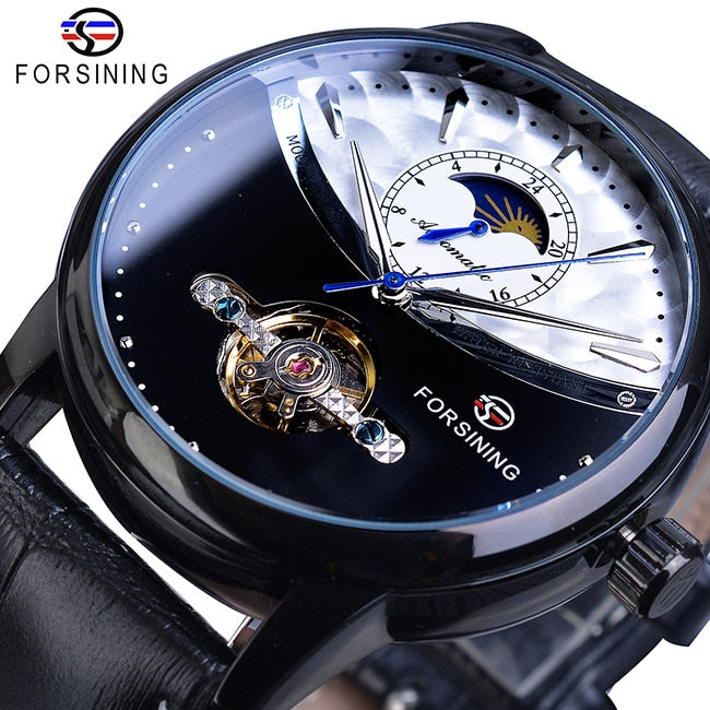 Reloj automático de fase lunar Forsining, reloj de pulsera mecánico resistente al agua dorado para hombres reales, reloj Tourbillon informal de cuero genuino