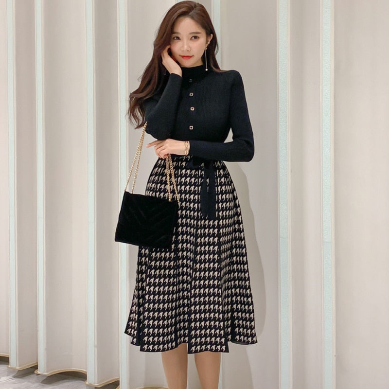 Winter Damen koreanischen Stil Strickkleid Mode Turtlenck Pullover Strick gespleißt kariert hohe Taille A-Linie Kleid Vestidos knielang