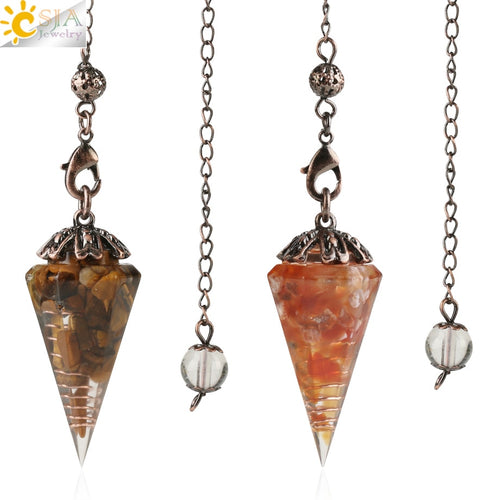 CSJA Reiki Natural Chip Stone Pendulum Antique Copper Chain Hexagon Cone Resin Pendant for Dowsing Divination Wicca Pendule G321