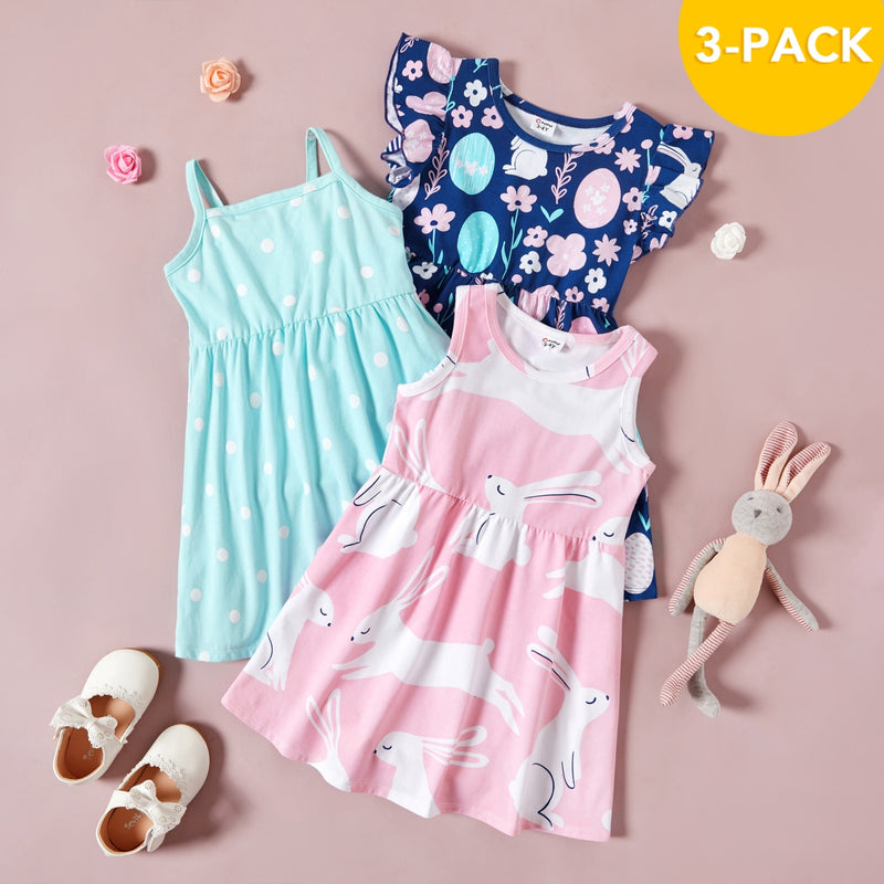 PatPat primavera y otoño 3-pack vestidos niño niña puntos y sólido vestido de manga corta y manga larga conjunto lindo ropa para niños