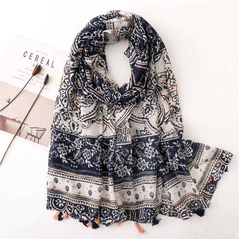 2020 fashion spring summer geometry printing cotton scarf with tassel fashion wraps shawls sunscreen beach hijabs wholesale