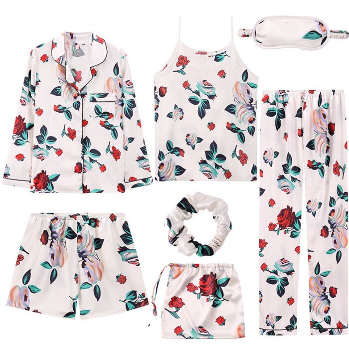 Conjunto de pijama de satén de seda para mujer de 7 piezas