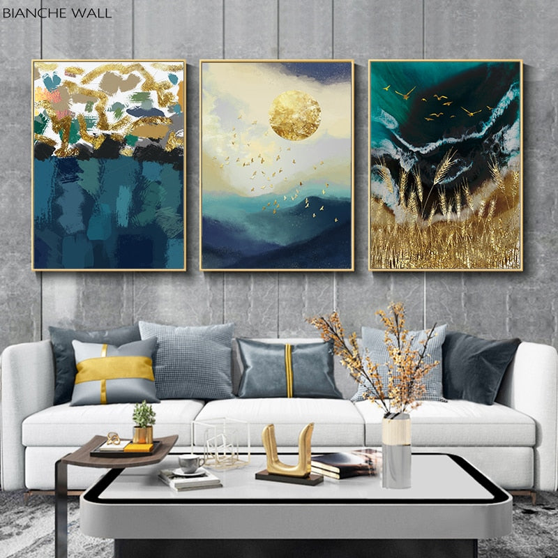 Campo de trigo, olas del sol, cartel de pared abstracto, lienzo de paisaje, pintura, arte moderno, cuadro decorativo para el hogar