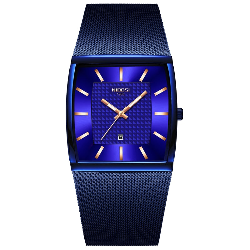 NIBOSI, relojes para hombre, marca superior, reloj de cuarzo cuadrado azul de lujo, reloj de pulsera dorado resistente al agua para hombre, reloj Masculino