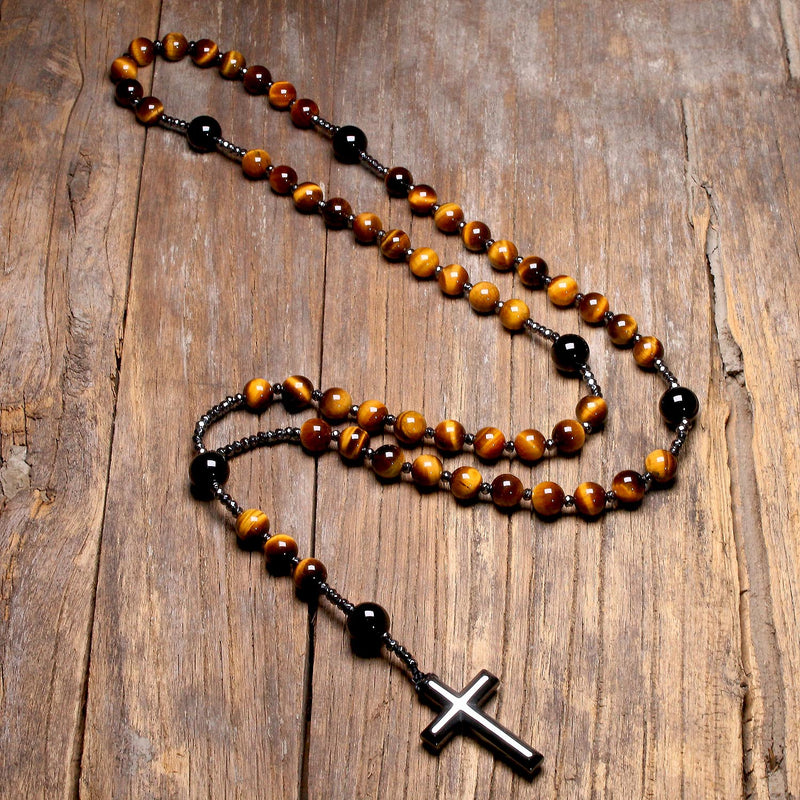 Collares de Rosario de Cristo católico con piedra de ojo de tigre Natural para mujeres y hombres, colgante de Cruz de hematita, joyería Mala