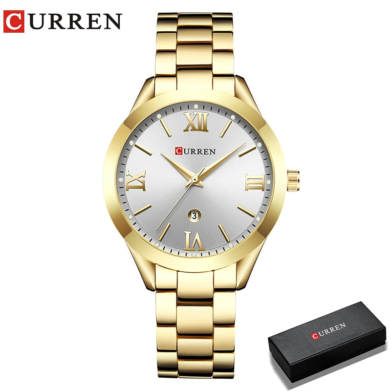 Marca CURREN, reloj de acero para mujer, vestido de lujo para mujer, reloj de pulsera de cuarzo a la moda, pulsera clásica de cristal dorado, reloj para mujer