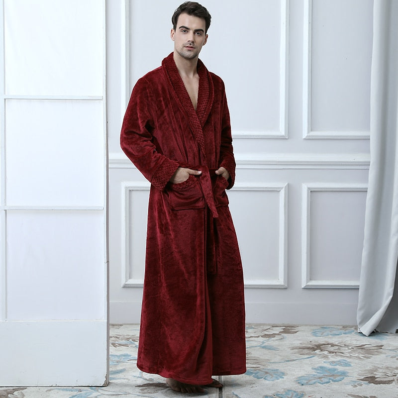 Albornoz de invierno de talla grande para hombre, albornoz largo de lana Coral, Kimono, albornoz cálido de franela, albornoz acogedor para hombre, ropa de dormir de noche, bata de mujer