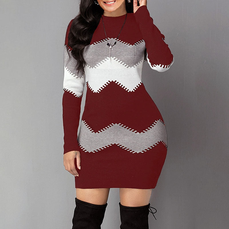 Umeko Autumn and Winter Long Striped Long-sleeved Sweater Long Multi-color Slim-fit Sweater New Fashion Knitted Long Multi-color