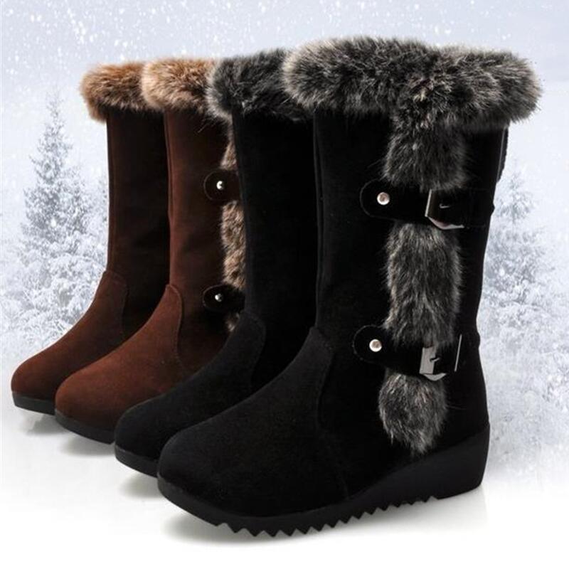 Neue Winter-Frauen-Stiefel-beiläufige warme Pelz-Mitte-Waden-Stiefelschuhe Frauen-Slip-On-Runde Zehenkeil-Schneestiefel-Schuhe Muje plus Größe 42