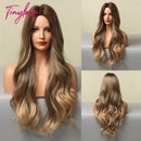 Long Synthetic Brown Blonde Water Wavy Gloden Highlight Wigs Middle Part Heat Resistant Cosplay Natural Hair for Black Women