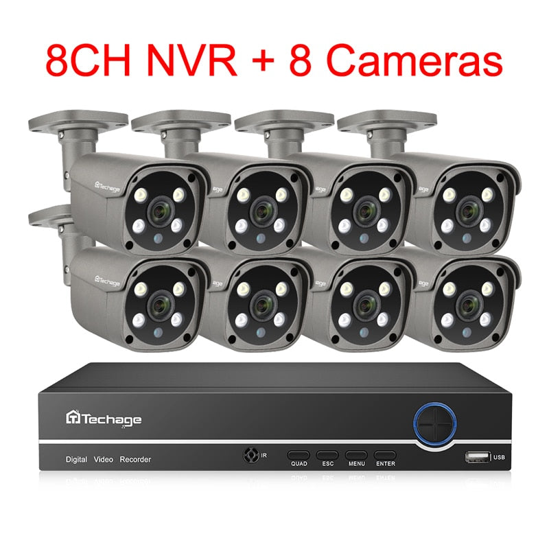 Sistema de cámara de seguridad Techage 8CH 5MP HD POE NVR Kit CCTV Audio bidireccional AI Detección de rostro Videovigilancia al aire libre Conjunto de cámara IP