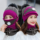3 Pcs/set Winter Hats For Women With Breathing Mask 2in1 Knitted Hat Girl Pompoms Hat Warm Add Fur Lined Protective Winter Hat