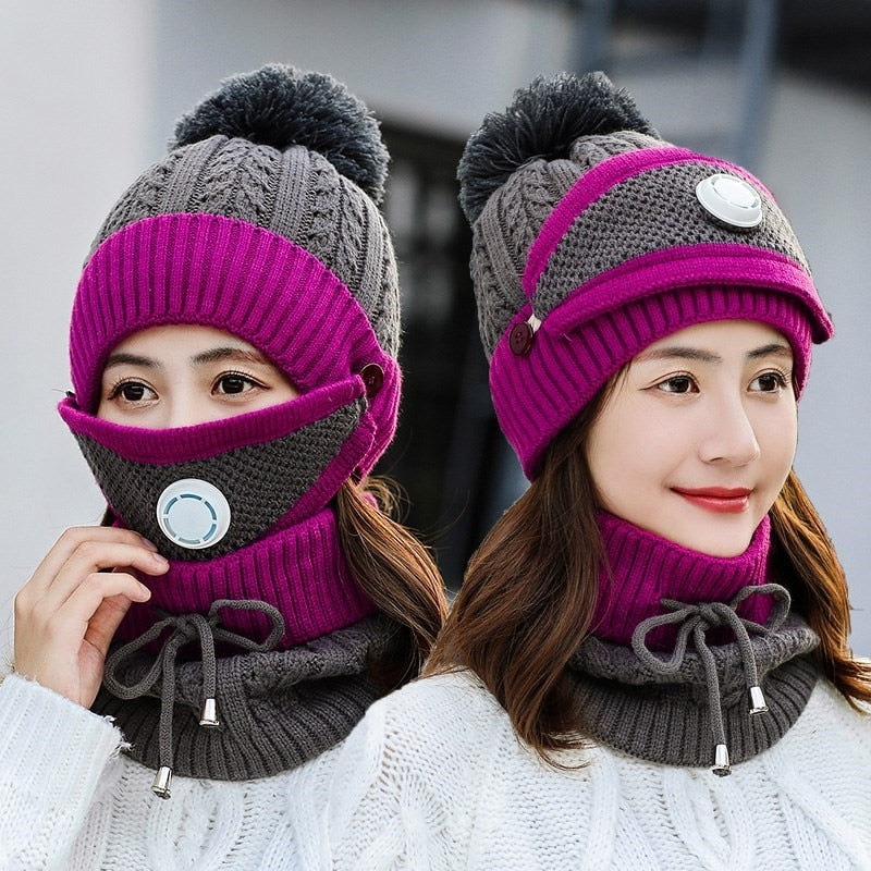 3 unids/set sombreros de invierno para mujeres con máscara de respiración 2 en 1 sombrero de punto niña pompones sombrero cálido añadir piel forrada sombrero de invierno protector