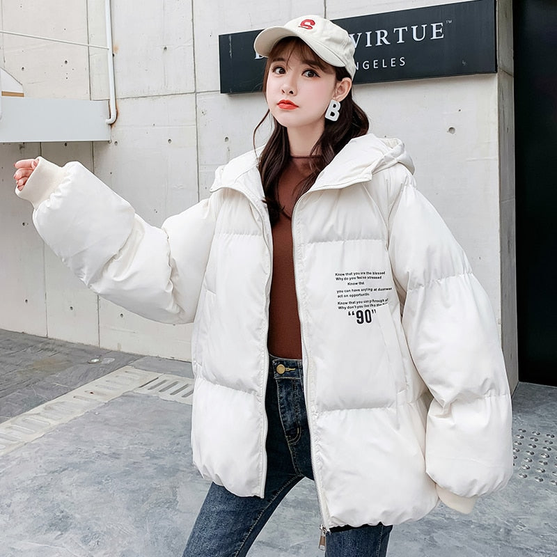 Winter Jacket Women Casual Outwear Harajuku Youthful Childhood Anime Printing Boyfriend Loose Warm Bread Coat Cotton Parka