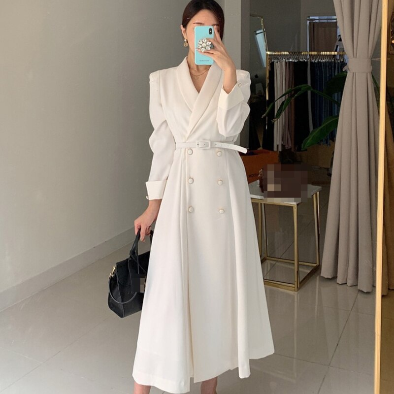 Women's Spring Autumn Casual A-Line Midi White Shirt Dress Long Sleeve Elegant Slim Waist Vestidos Female Fashion Black Clothes