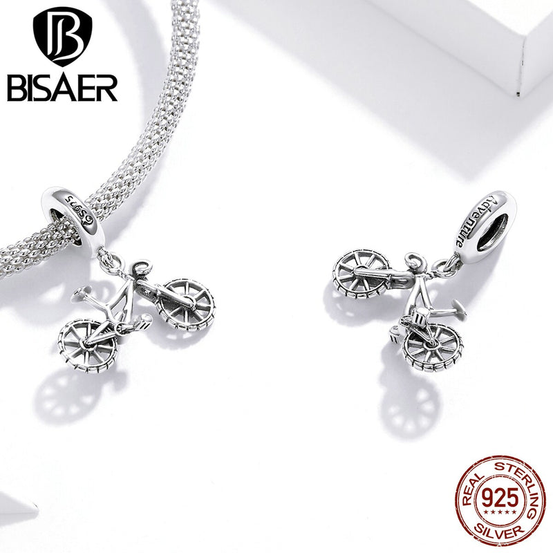 BISAER 100% 925 Sterling Silver Mountain Bike Charm Beads Transportation Pendant Fit DIY Making Bracelet Necklace Jewelry EFC384