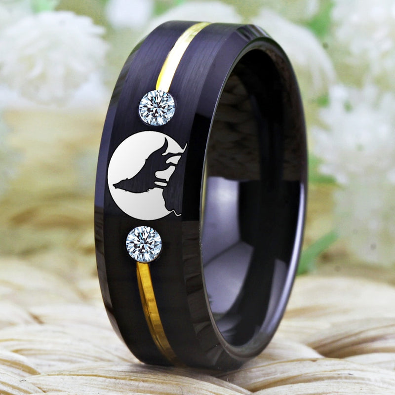 Tungsten Wolf Rings For Men Lone Wolf Howling Moon Ring Men&