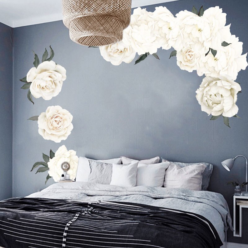 Weiße Pfingstrose Wandaufkleber für Wohnzimmer Schlafzimmer Selbstklebendes Vinyl in Wandtattoos Umweltfreundliche entfernbare Kunstwandmalereien