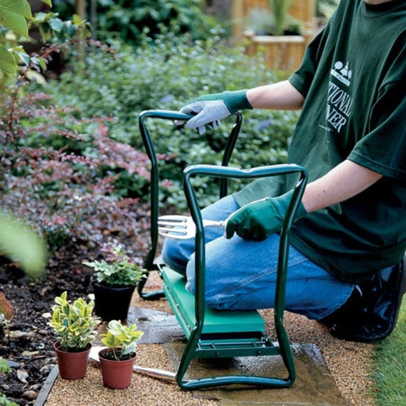 Reclinatorio de jardín y asiento Taburete de jardín plegable de acero inoxidable con bolsa de herramientas Cojín de rodillas EVA Suministro de regalos de jardinería